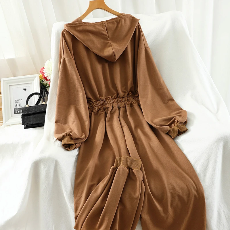 Lazy style simple Cotton jumpsuit casual Korean Loose 2021 fall new hooded waist straps feet all-match jumpsuit s651