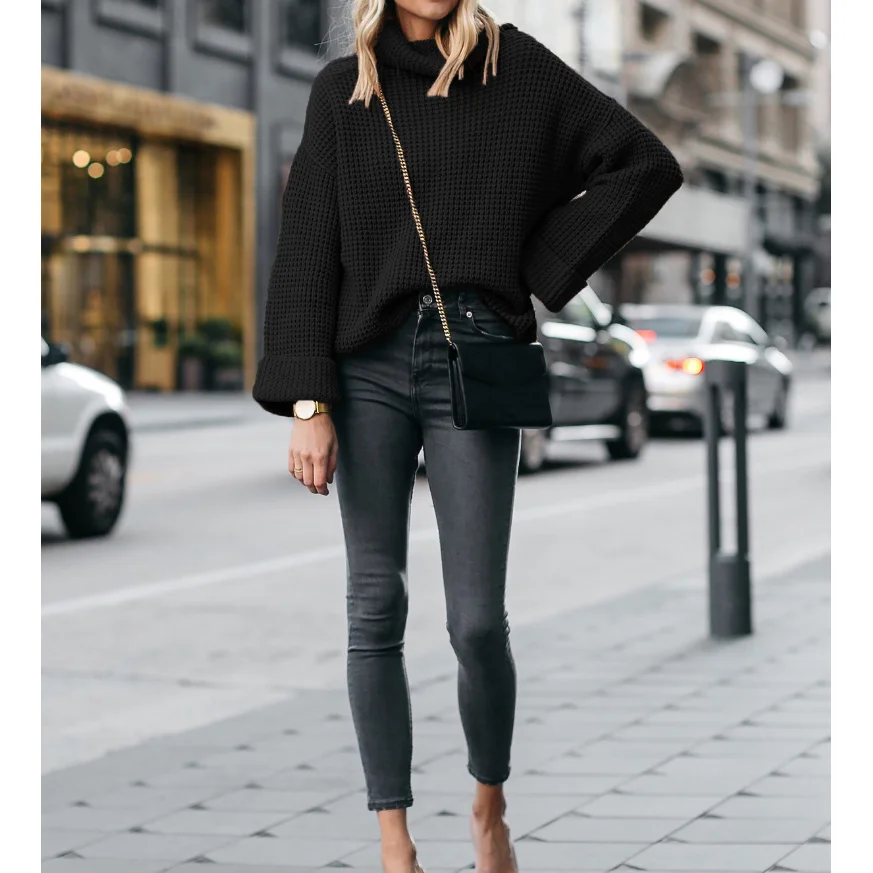 

Women Autumn Winter Sweater Thick Needle High Collar Pullover Sweater Solid Fashion Warm Elasticity Knitted Sweater Autumn Knit