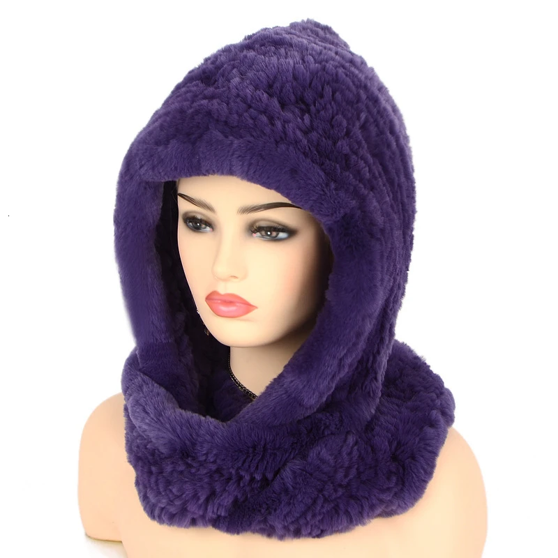 Purple Женская шапка, новинка, вязаный Настоящий мех кролика, шапка с капюшоном, шарф, зимние шапки для женщин, шапка, теплая, натуральный мех, шапка с шеей, шарфы - Цвет: Purple