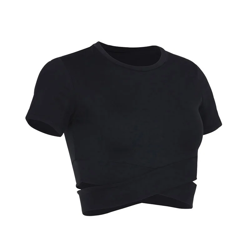 

Summer Women Short Sleeve Tops Polyester Casual T Shirt Sexy Crossover Design Weight Loss Yoga Clothing Sport Fitness Equipment