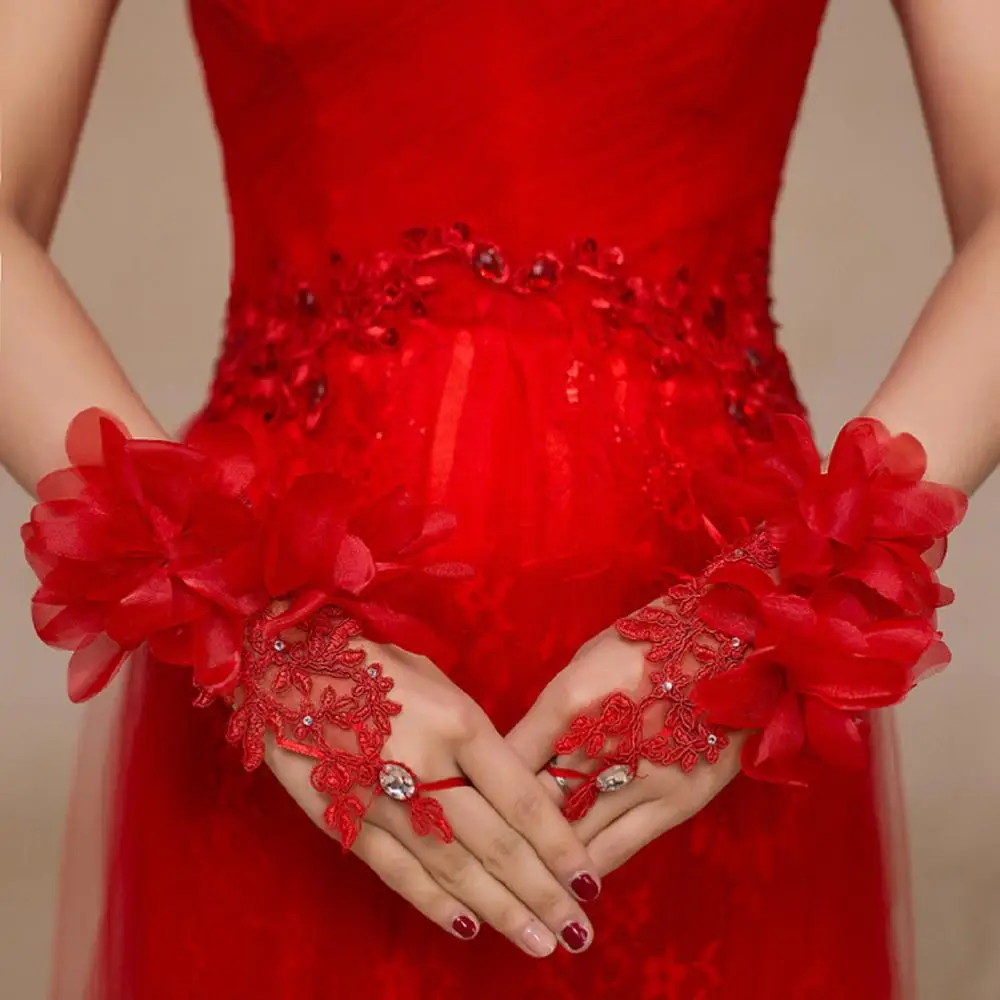 قفازات زفاف من الكريستال ، إكسسوارات ، زهور حمراء قصيرة ، جودة عالية ، أنيقة ، 2020