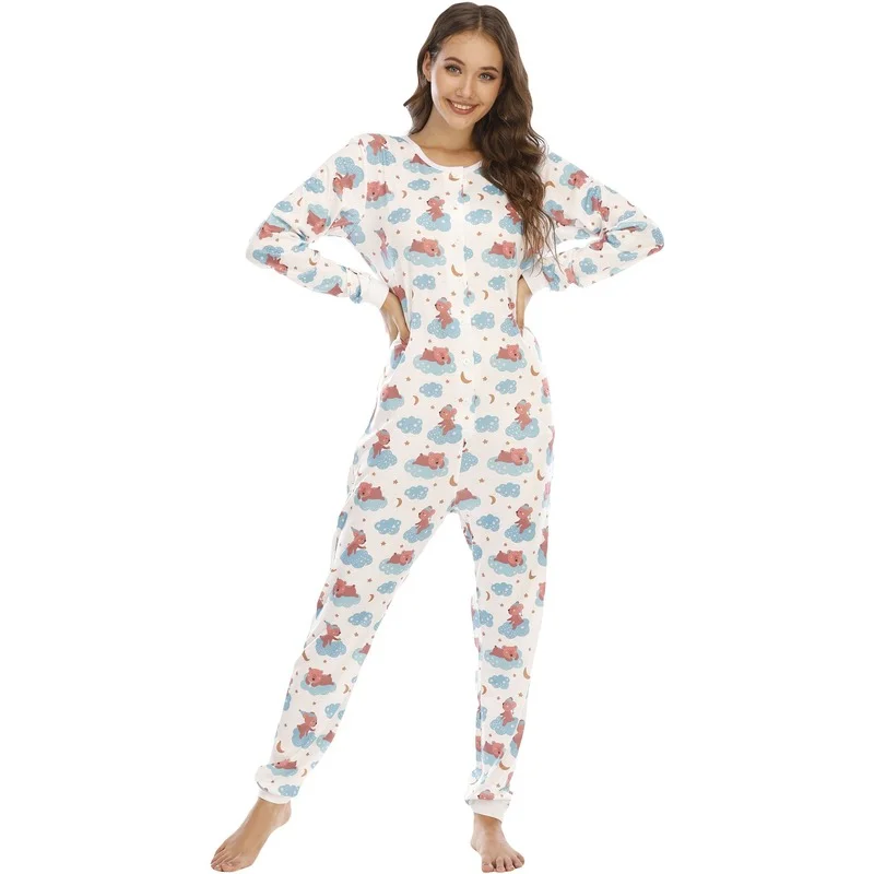 

Women's Printed round Neck Jumpsuit Thermal Underwear Base Clothing Pajamas Homewear women pajamas set