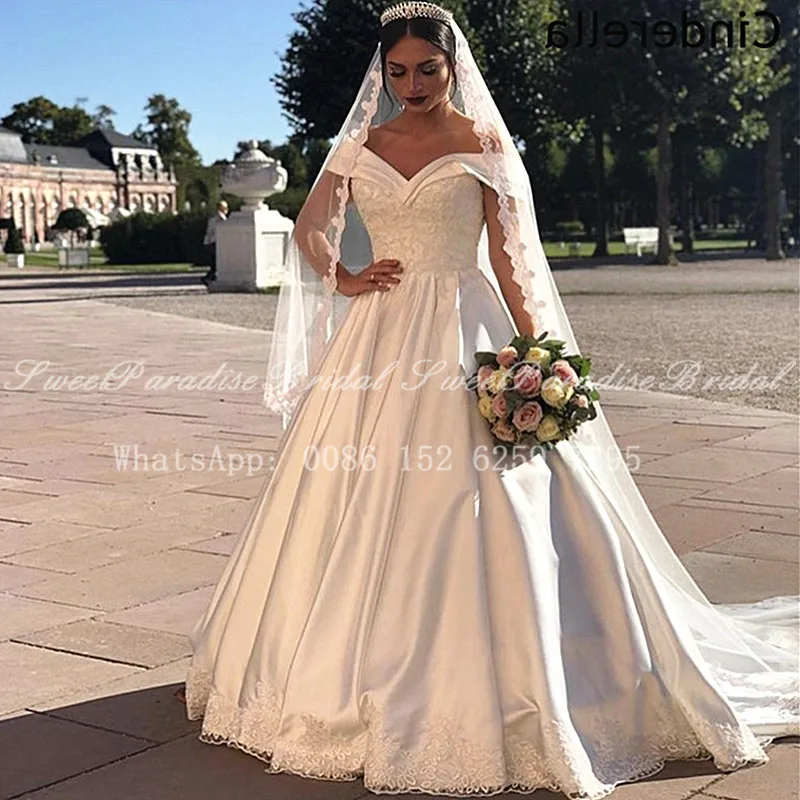 

Vintage A Line Wedding Dress With Appliques 2020 White Satin Off Shoulder Women Long Bridal Dresses Gown Vestidos De Novia
