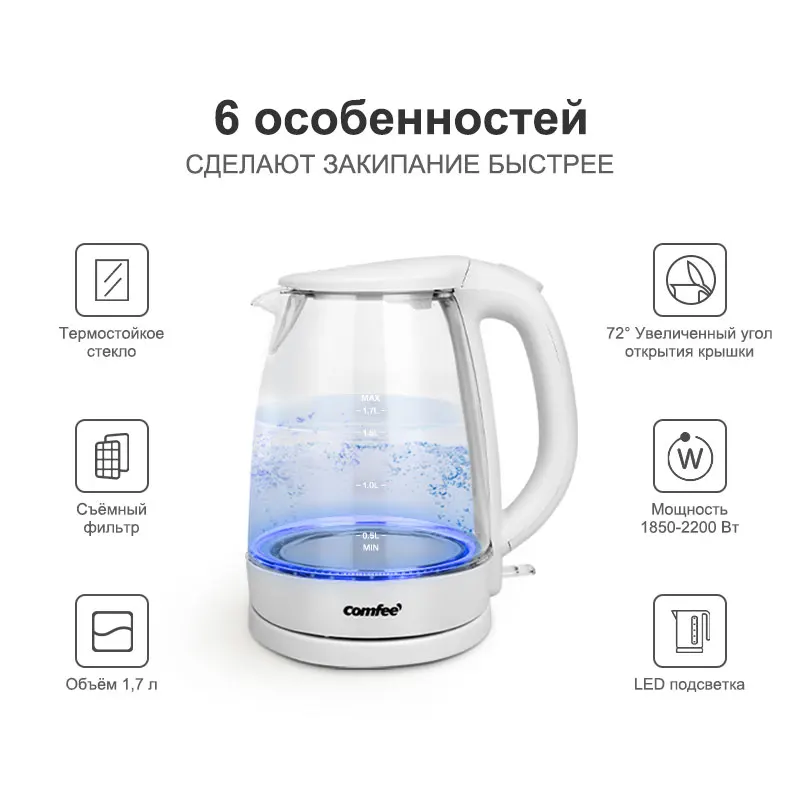 Электрический чайник Comfee CF-KT7001 1850-2200 Вт 1 7 л съёмный фильтр и LED подсветка | Бытовая