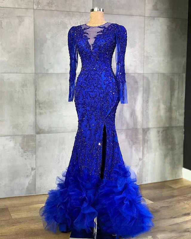 

2020 Arabic Aso Ebi Royal Blue Evening Dresses Luxurious Beaded Crystals Long Sleeve Sheer Neck Mermaid Style Plus Prom Dresses