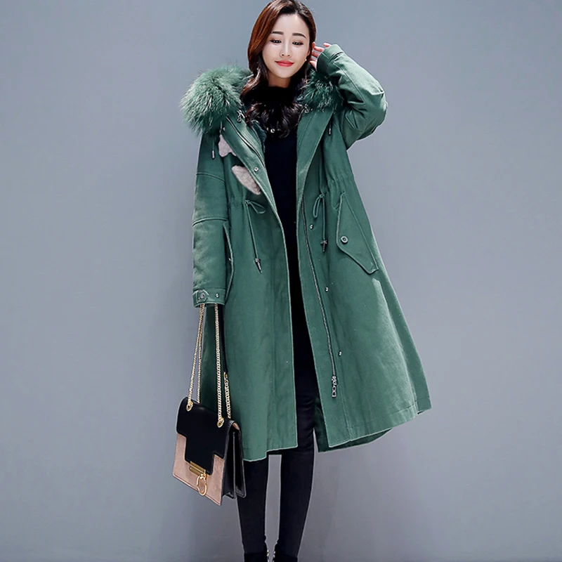 Новинка 2020 женские пальто длинные парки большой размер зеленый меховой воротник