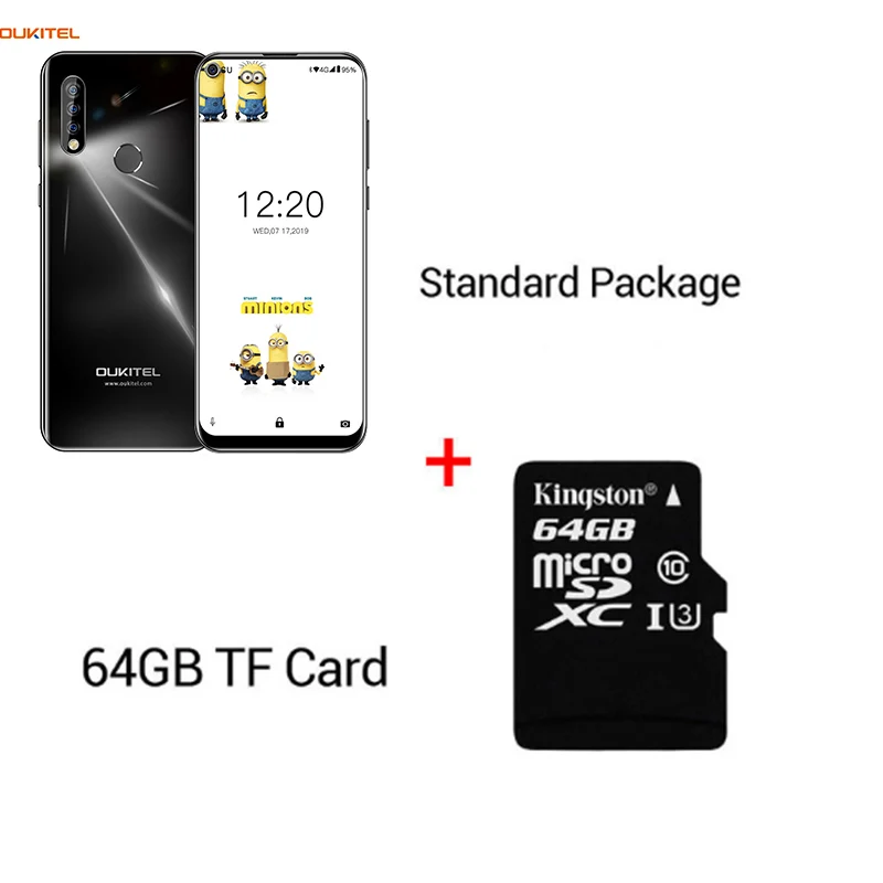 Смартфон OUKITEL C17 6,35 ''с тройной камерой MT6763, четыре ядра, Android 9,0, 3 ГБ, 16 ГБ, распознавание лица, отпечаток пальца, 4G, мобильный телефон, 3900 мА/ч - Цвет: Black n 64GB TF Card
