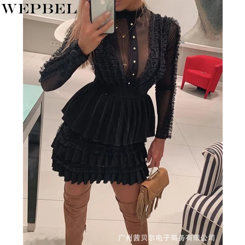 

WEPBEL Women Elegant Lace Mesh Patchwork Hollow Out Ruffles Mini Dress Ladies Long Sleeve High Waist See Through Party Dress