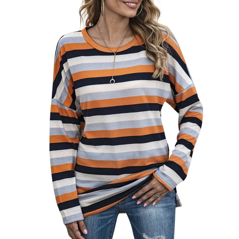 

Women Stripe Spliced O Neck Long Sleeve Split Hem Winter Casual Tops Autumn Fashion Loose Female Personality Pullover Sweatshirt