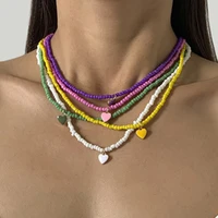 ins handmade rainbow color heart rice bead necklace accessories for women gift geometric stacked beaded choker necklace jewelry
