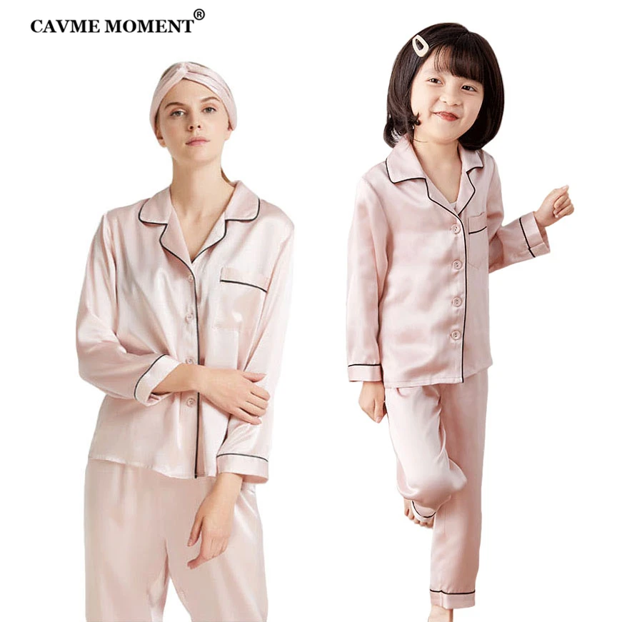 CAVME 100% Silk Pajama Sets for Mother Father Kids Boy Girl Real Silk Sleepwear Homeclothes 2 Piecs Sets PLUS SIZE