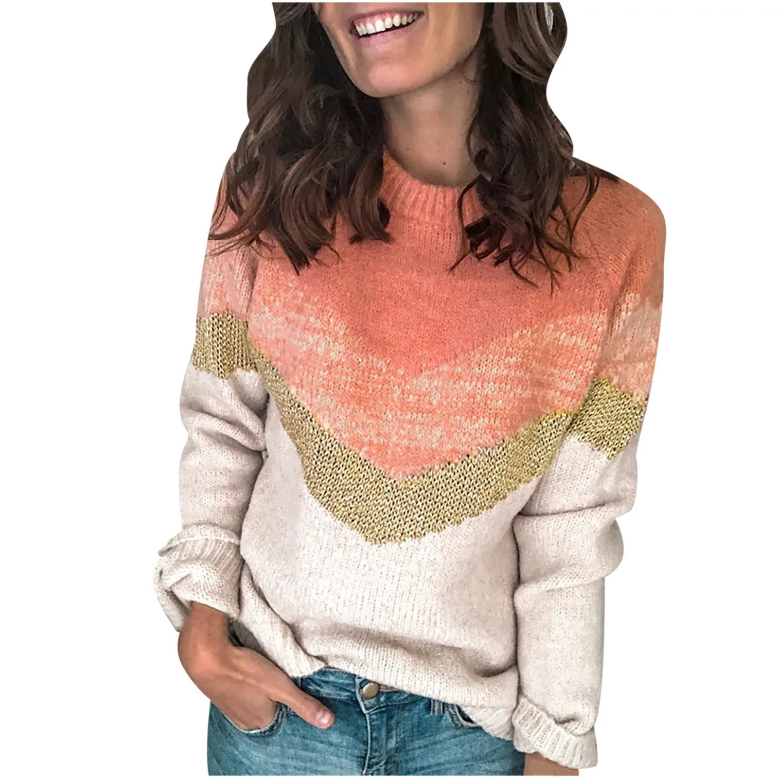 

Sweaters Autumn Winter Women's O-neck Striped Stitching Long-sleeved Knitting Sweater Top Colorful Sweater Top