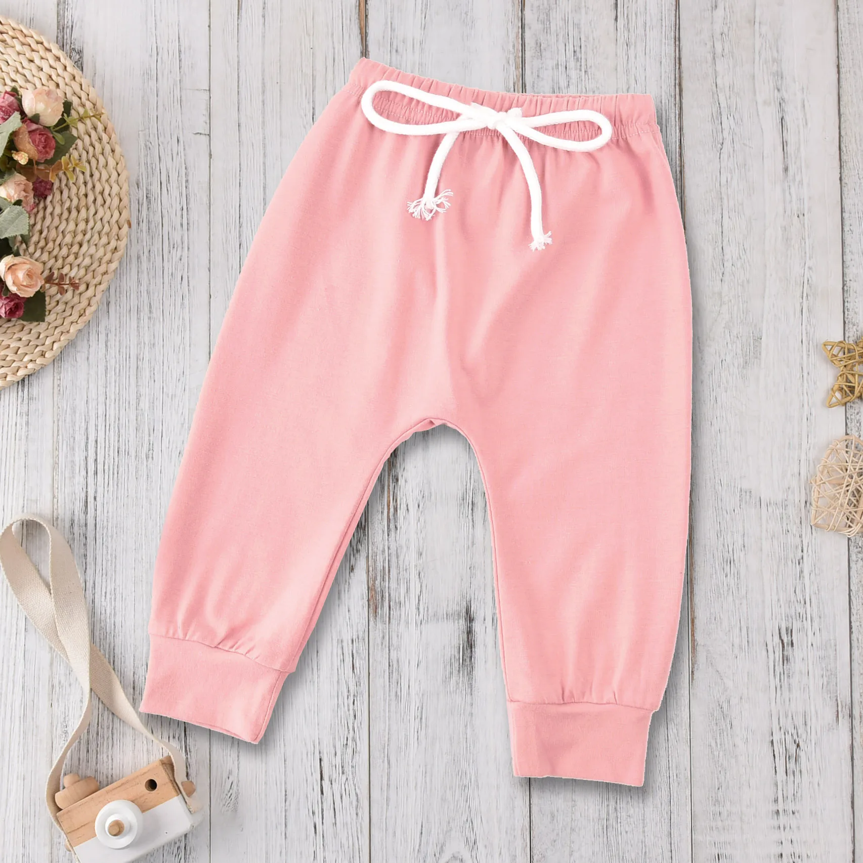 

4 Color Babys Long-sleeved Trousers Suit Fresh Solid Color Round Neck T-shirt with Pocket and Elastic Lace up Long Pants