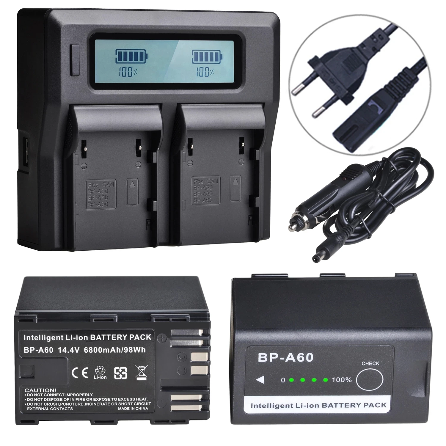 

2Pcs 6800mAh BP-A60 BP A60 Li-ion Battery + LCD Dual Charger for Canon Camera CA-CP200L,EOS C200,C200 PL,C200B,C300 Mark II,X