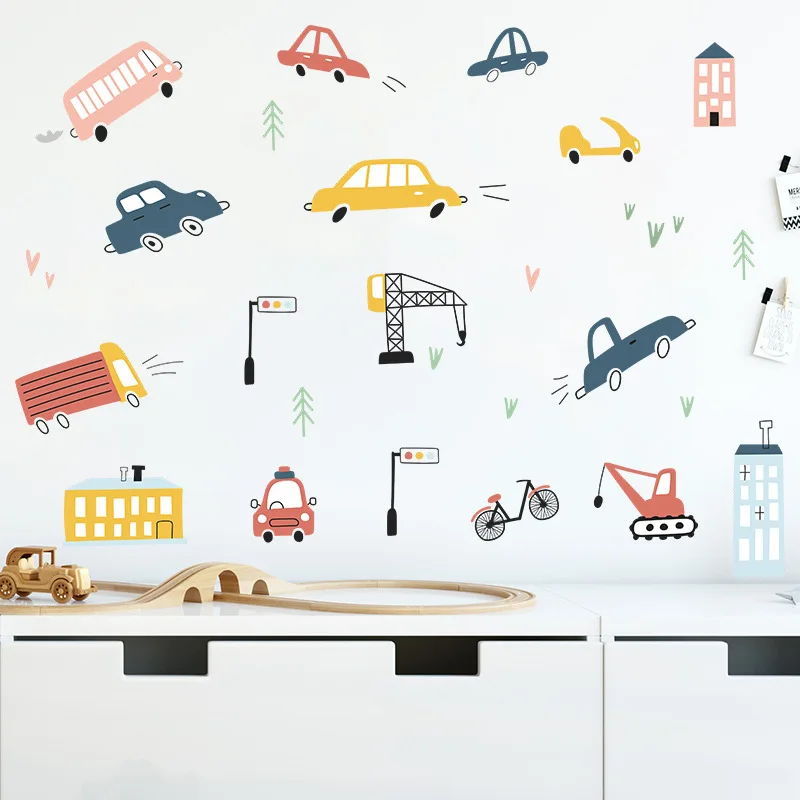 Мультяшные автомобили настенные наклейки для детской комнаты спальни гостиной