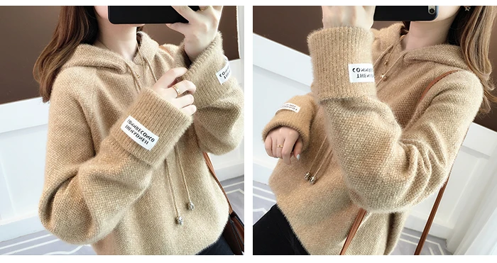 Surmiitro Mink Cashmere Knitted Hoodies Women Autumn Winter Korean Kpop Long Sleeve Hooded Sweatshirt Female Pullover Blue