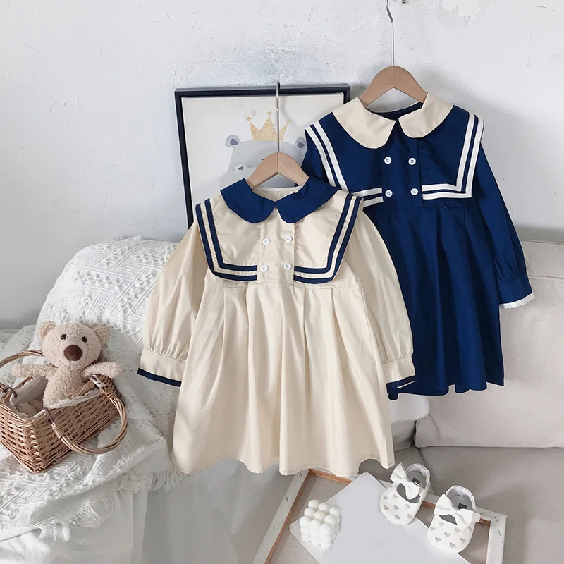 

Toddler Girls Dress Autumn New Korean Kids Clothes College Style Navy Collar Baby Cute Princess Dress