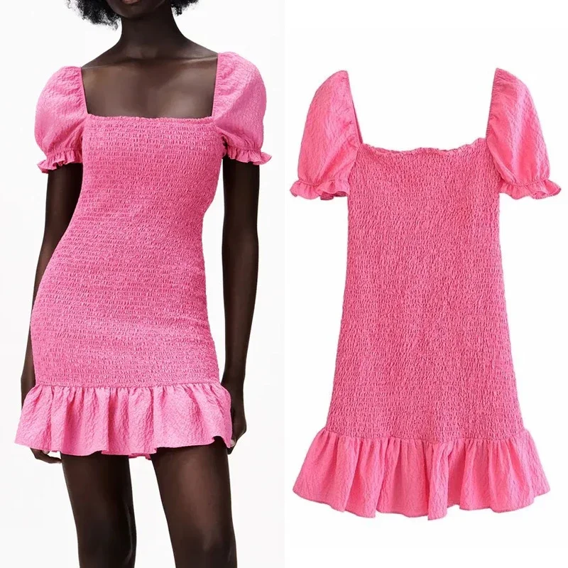 

Za 2021 Textured Rose Red Mini Dress Woman Ruffle Short Summer Dresses Women Ruched Square Neck Short Puff Sleeve Dress