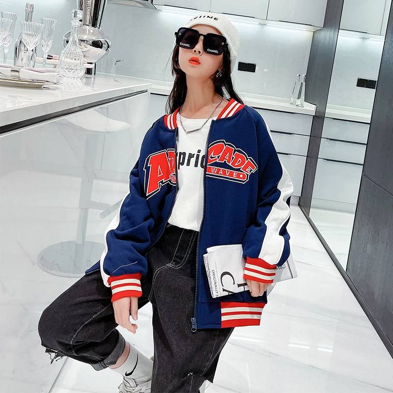 

Streetwear Child Girls Clothing Casual Coats Spilced Striped O-neck Outerwear 6 7 8 9 10 Years Kid Autumn Loose Letters jackets