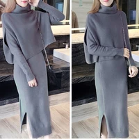 solid knitted women pullover set two pieces turtleneck sleeveless long sleeve calf length dress office ladies autumn 2022