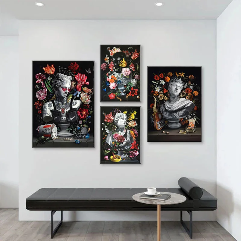 

Apollo Sculpture Nordic Decor Flower Canvas Painting Graffiti Tattoo Statue Prints Cuadros Wall Art Picture for Home Decor