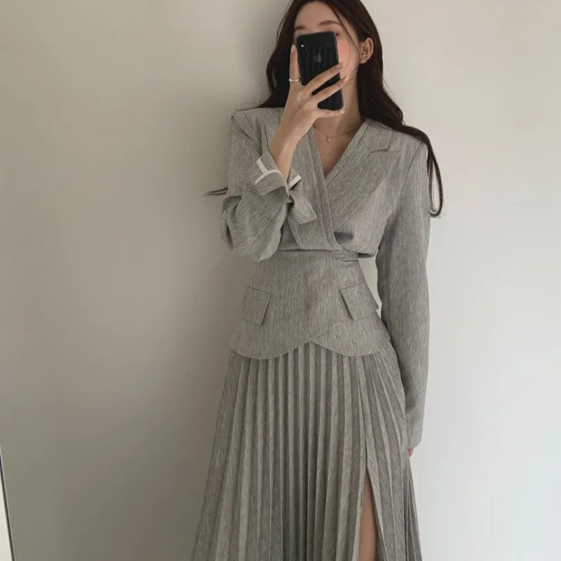 

2021 Fall Women Sets Women's Jacket and Skirt 2 Pieces Sets High Waist Slit Skirt and Blazer Coat Casual Women Suit