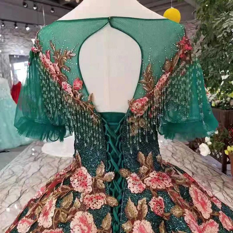 LS11061 контрастное зеленое вечернее платье 2020 с круглым вырезом и коротким рукавом