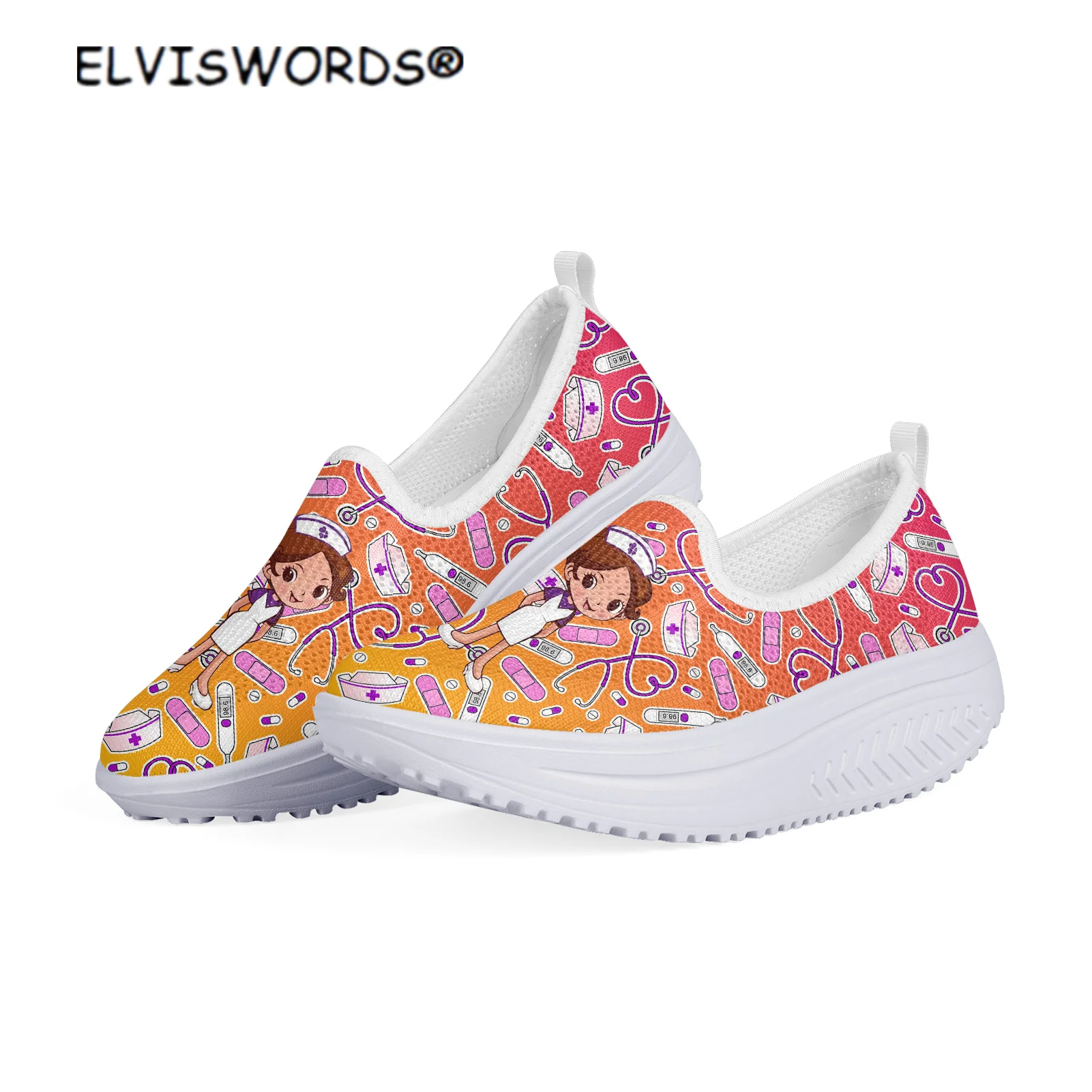 

ELVISWORDS Nurse Pattern Comfortable Ladies Walking Shoes Breathable Women's Mesh Swing Shoes Casual Woman's Flats Platform