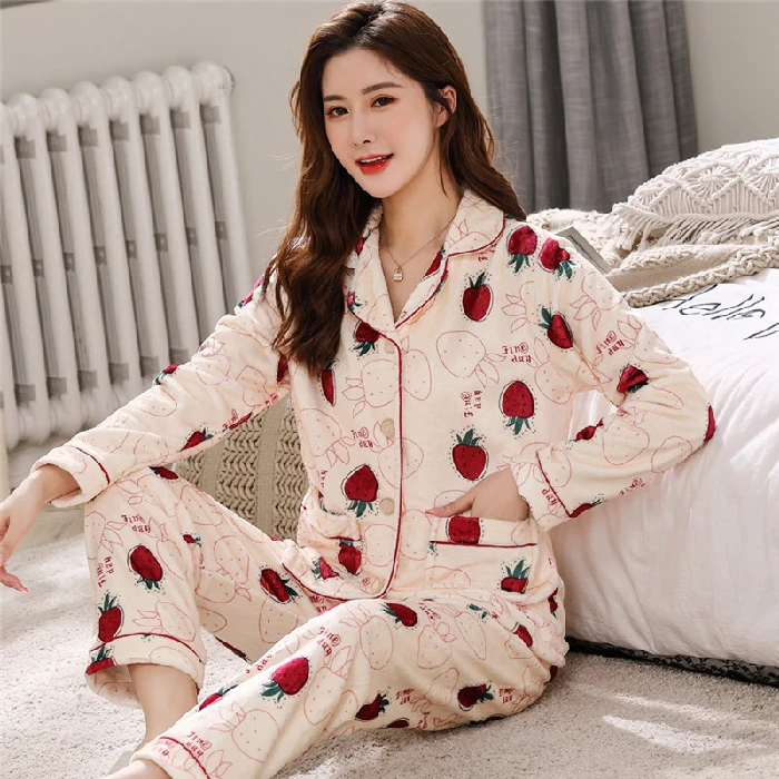 Осенне-зимняя Милая женская Фланелевая пижама с длинным рукавом свободный