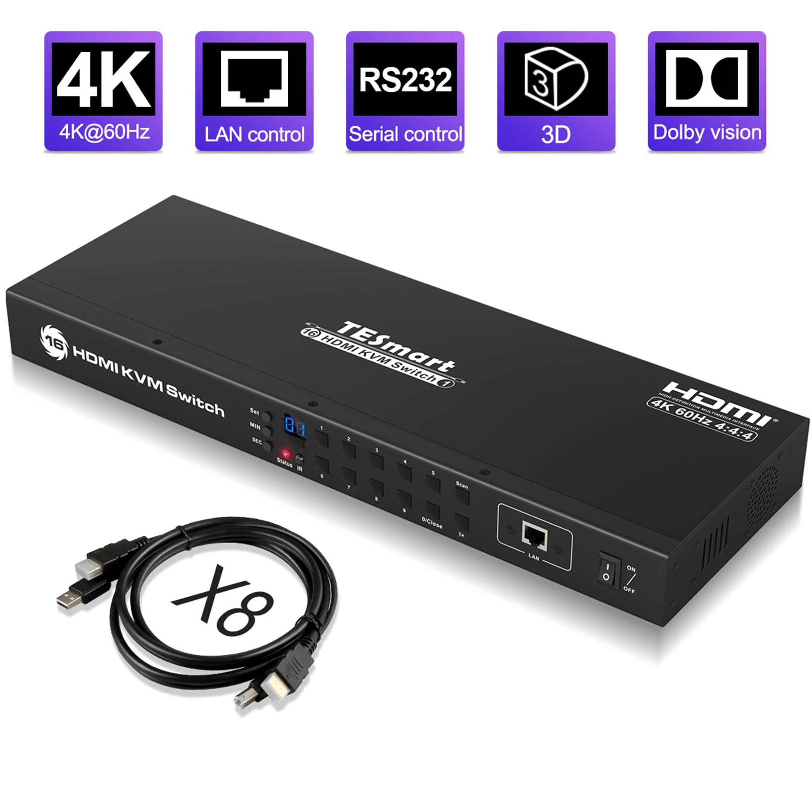 

KVM-Коммутатор HDMI, коммутаторы, порт Sup 4K при 60 Гц 4:4:4 HDCP2.2 RS232 LAN HDCP, Автосканирование, 16 портов