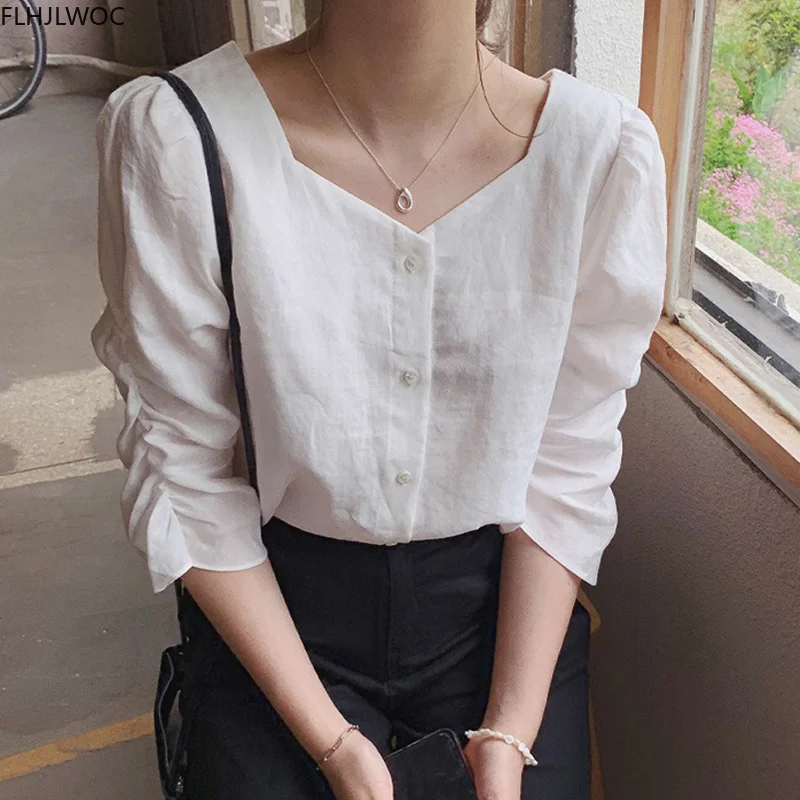 2020 Fall Autumn Basic Shirt Single Breasted Button Tops Cute Preppy Style Japan Korea Chic Vintage Blouse Solid White Women Top
