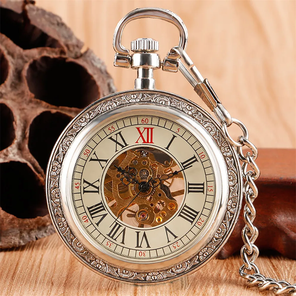 Silver/Gold/Rose Gold Open Face Manual Mechanical Pocket Watch Transparent Skeleton Hand Winding Pocket Clock Vintage Timepiece