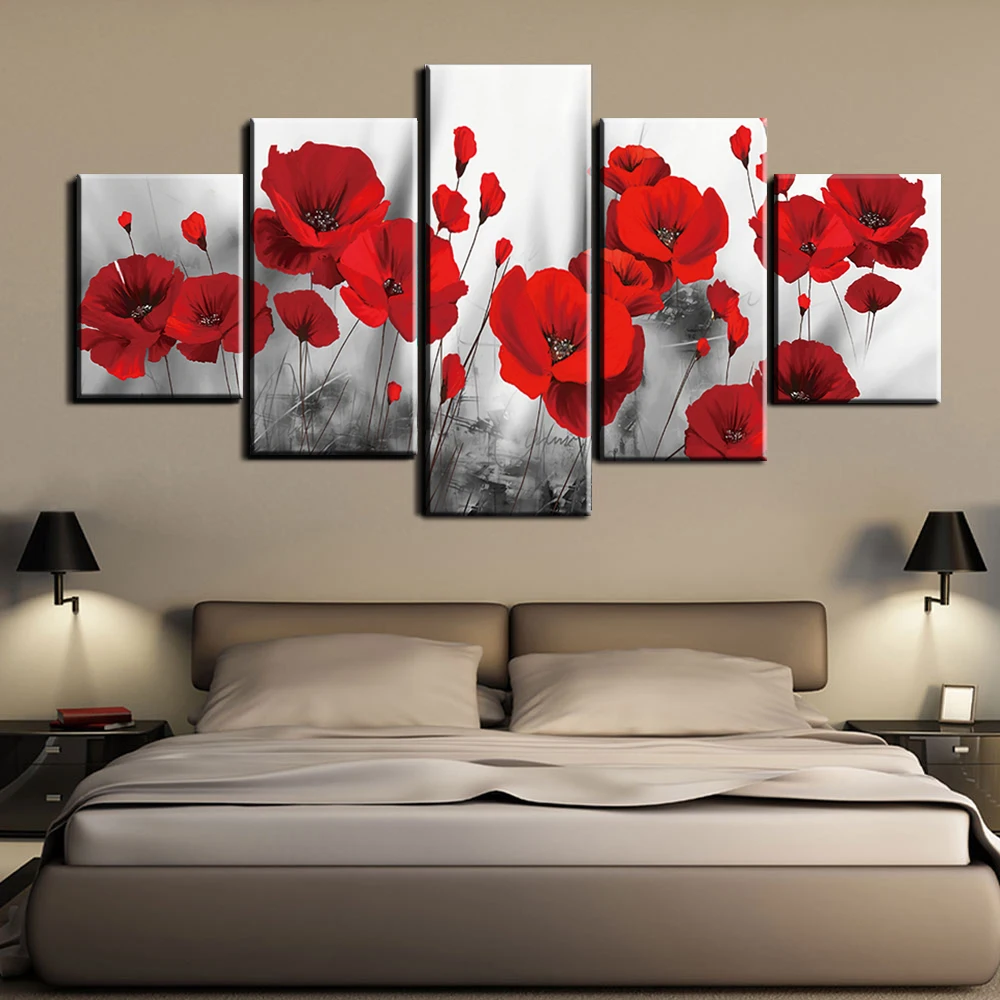 

NoFrame Canvas Painting Modular 5Pieces Red Flower Picture Rose Posters Canvas Painting Modern Wall Art in Livingroom Home Decor