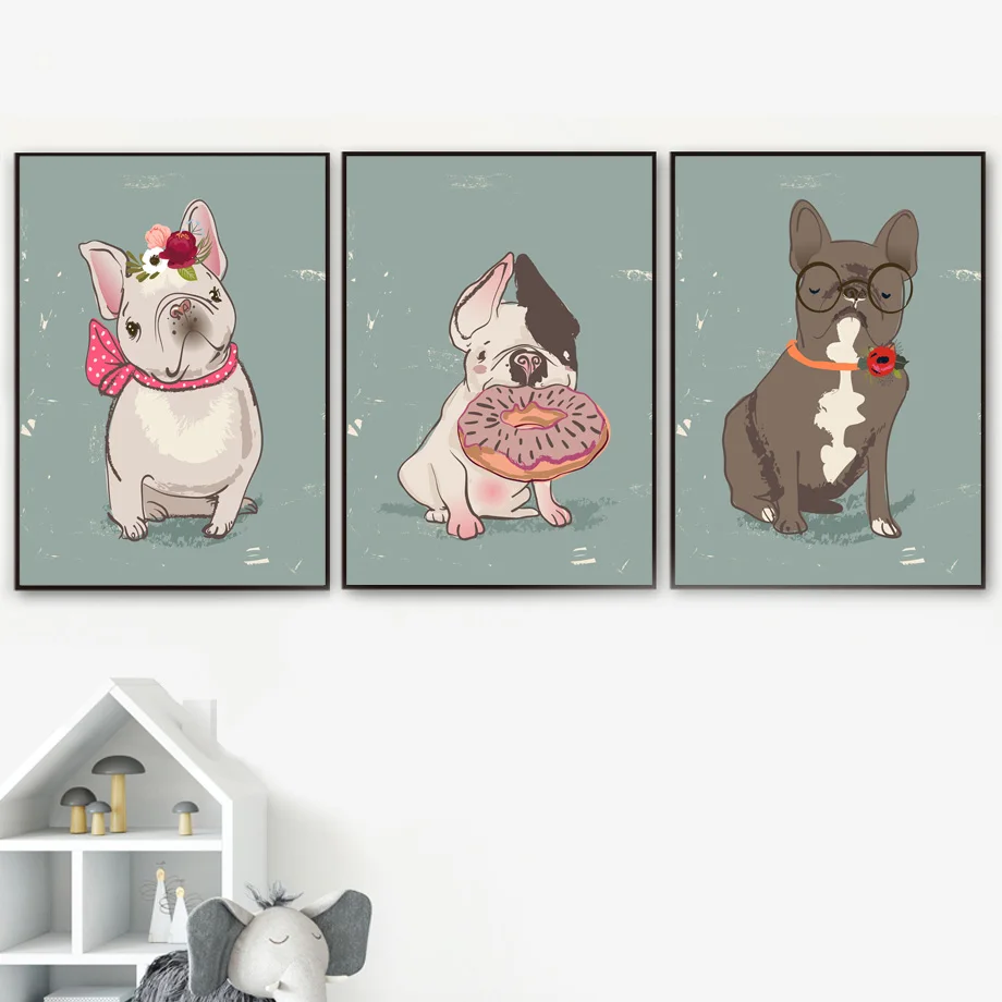 

Cartoon French Bulldog Balloon Flower Donuts Wall Art Canvas Painting Nordic Poster And Prints Wall Pictures For Kids Room Decor
