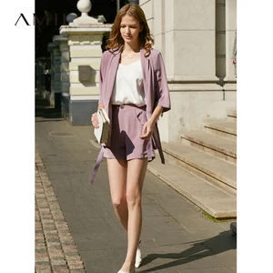 Amii минималистичный весенне-летний костюм, однотонный костюм с отворотом и короткими рукавами, пальто, свободные шорты с эластичной резинкой на талии, 11920043