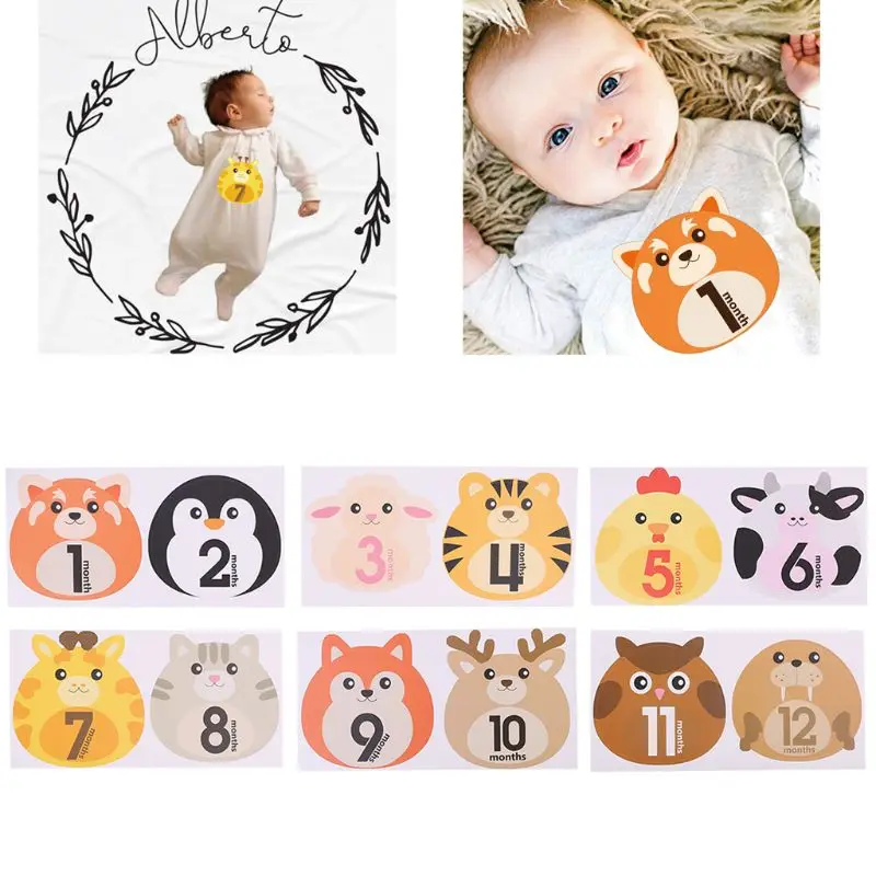 12 шт животных первый год ежемесячная веха Фото обмен детские наклейки на живот 1