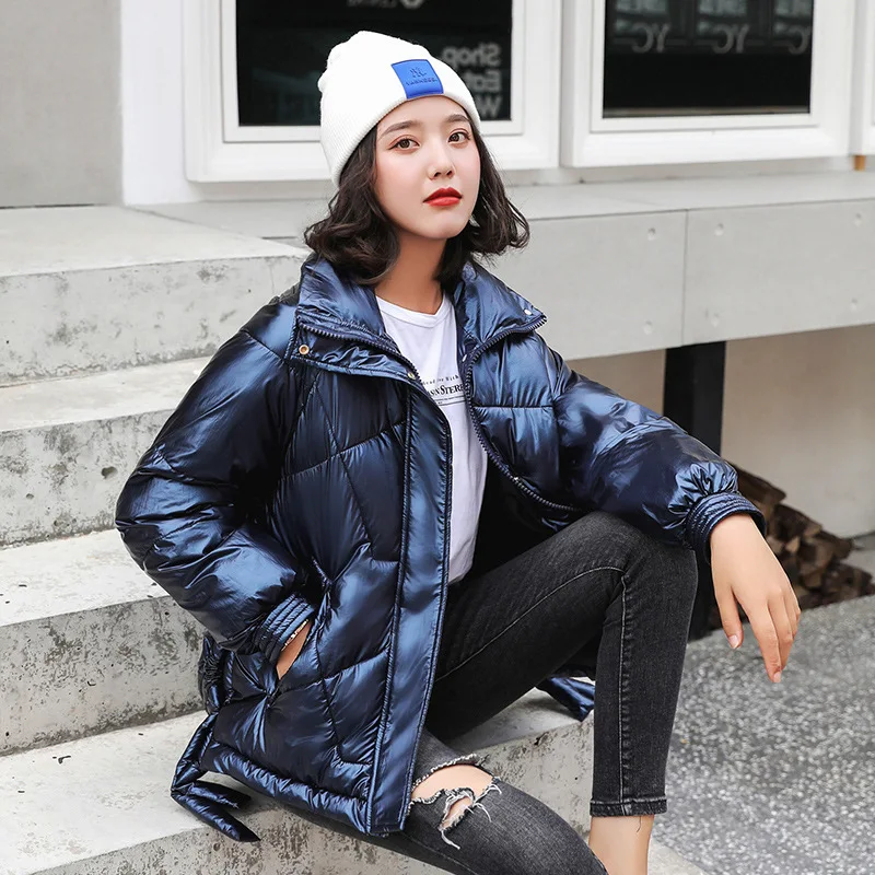 Fashion Ribbon Glossy Parka Women Winter Jacket Cotton Padded Warm Thicken Stand Collar Short Coats Womens Jackets | Женская одежда
