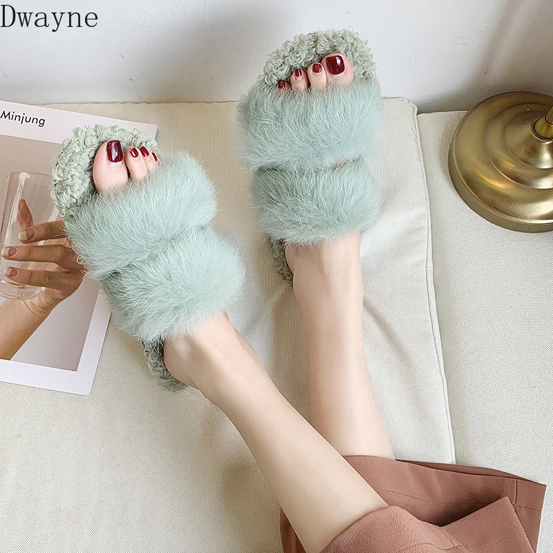 Меховые тапочки удобная женская обувь на мягкой подошве модные дикие плоские