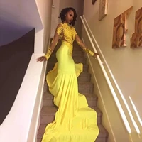 elegant yellow long sleeve mermaid prom dress 2022 illusion sexy v neck back long evening dress robe de soiree