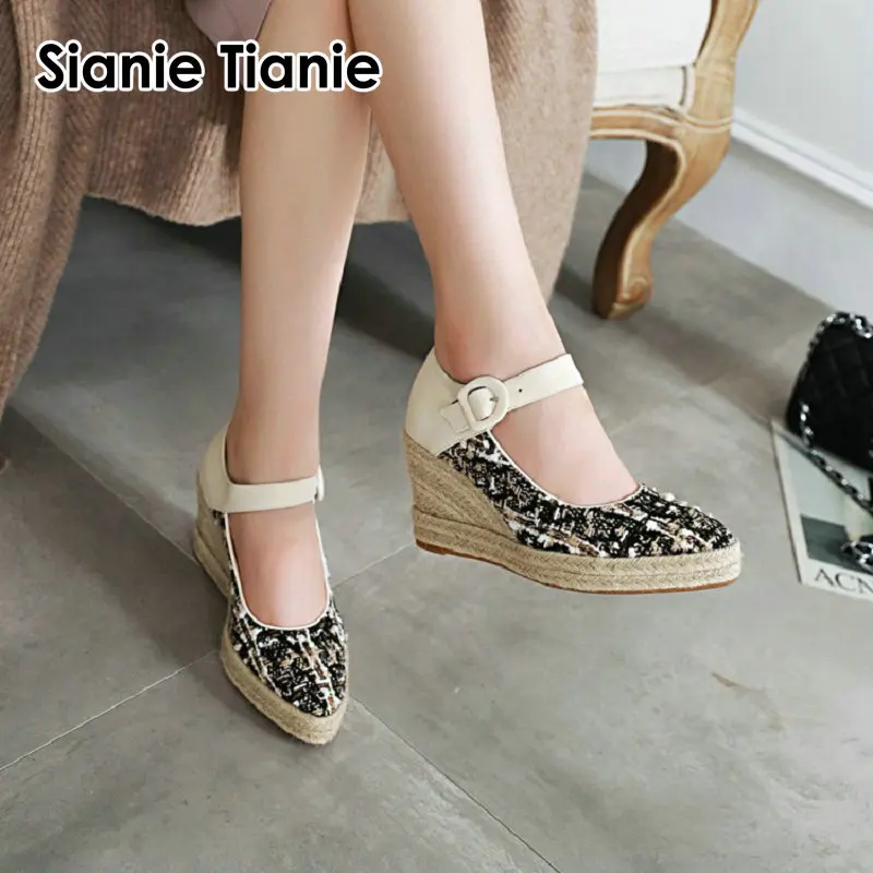 

Sianie Tianie 2020 spring autumn pointed toe plaid woman espadrilles wedges high heels buckle strap women mary janes ladies shoe