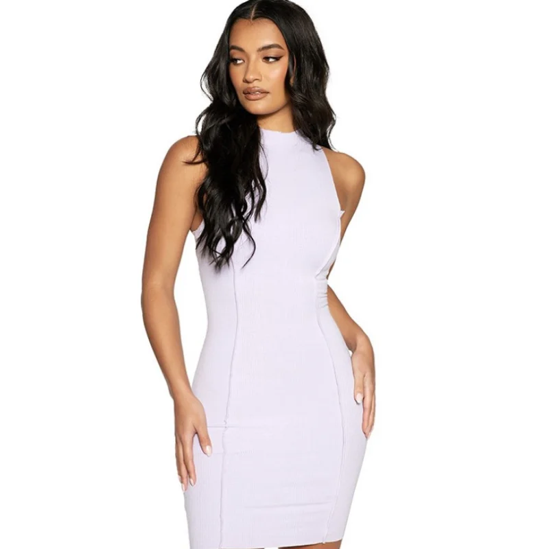 

2021 New Knited O Neck Woman Dress Black Sleeveless Sexy Bodycon Dresses Female Summer Party Slim Buttocks Mini Dress for Women