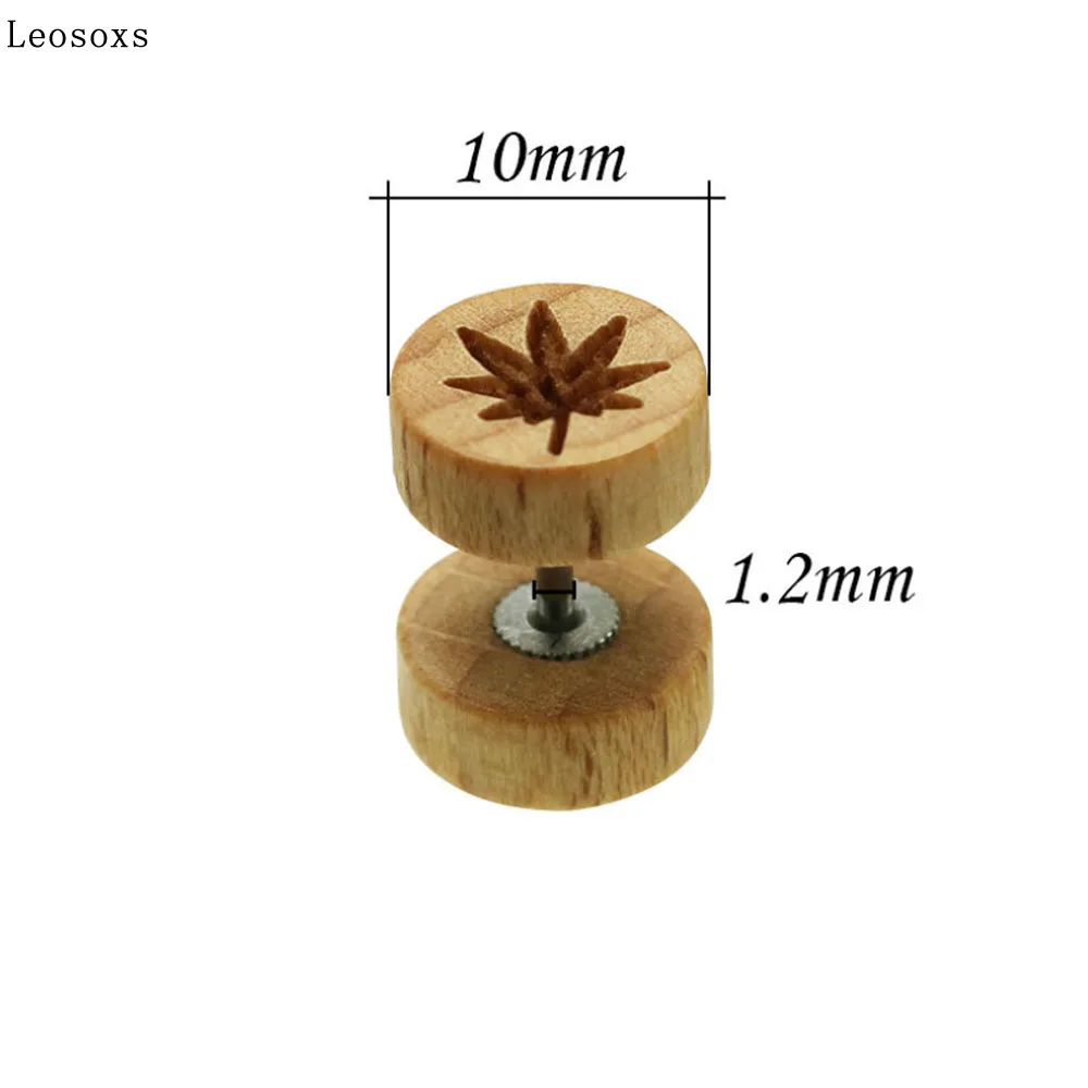 

Leosoxs 2 piece Punk round wood laser engraved ear stud earrings false ear expansion unisex hemp leaf five star Yin Yang