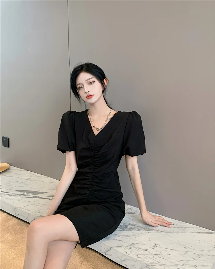 

GRUIICEEN French Vintage Folds Dress Female Fashion Elegant Party Puff Sleeve V-Neck Mid Dress Summer Dresses For Women 2021