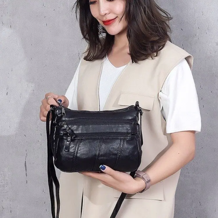 Высококачественная женская сумка через плечо Черная мягкая моющаяся кожаная на