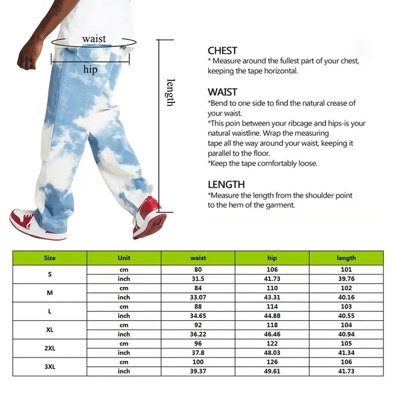 

Dropshipping Men Casual Loose Straight Denim Pants Tie Dye Print Sky Blue Long Trouser Straight Jeans