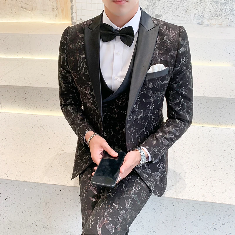 Костюм мужской свадебный с принтом жаккардовый костюм бордового цвета из 3