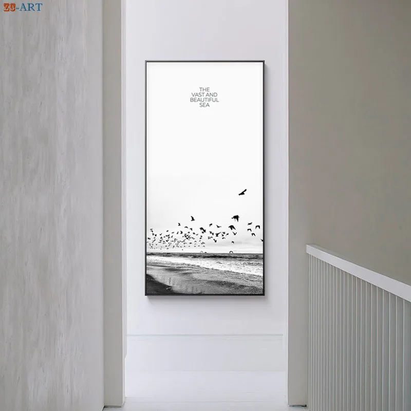 Черно белый настенный плакат с принтом чайки песчаный пляж пейзаж холст живопись