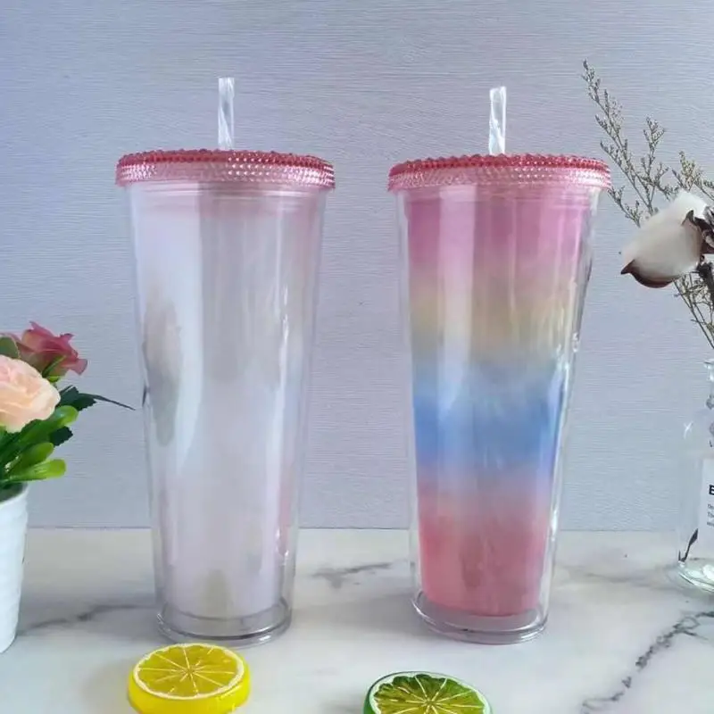 

710ML Straw Cup Double rainbow color changing cup men and women straw plastic Color changing cup Coffee Cup Coffee Mugs