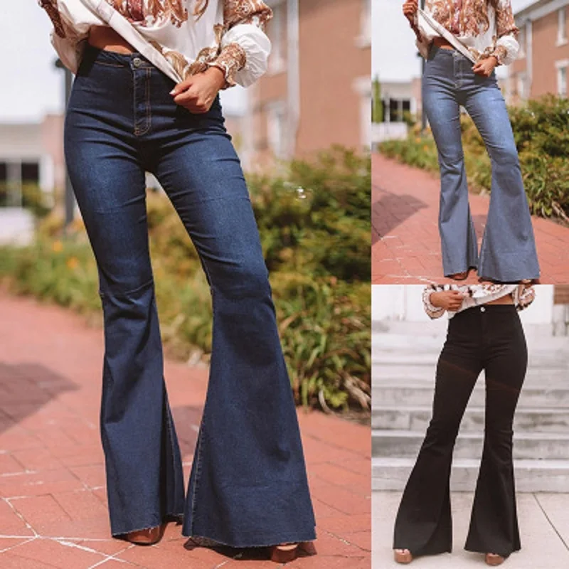 

Women Spring Elastic High Waisted Blue Black Jeans Flare Pants Loose Summer Full Length Mom Jeans Pants Vintage Denim Trousers