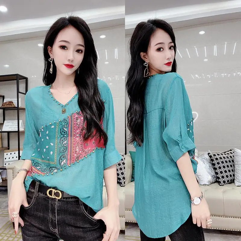 

2021 summer new beaded floral fried cotton and linen shirt women's age-reducing v-neck pullover jacket